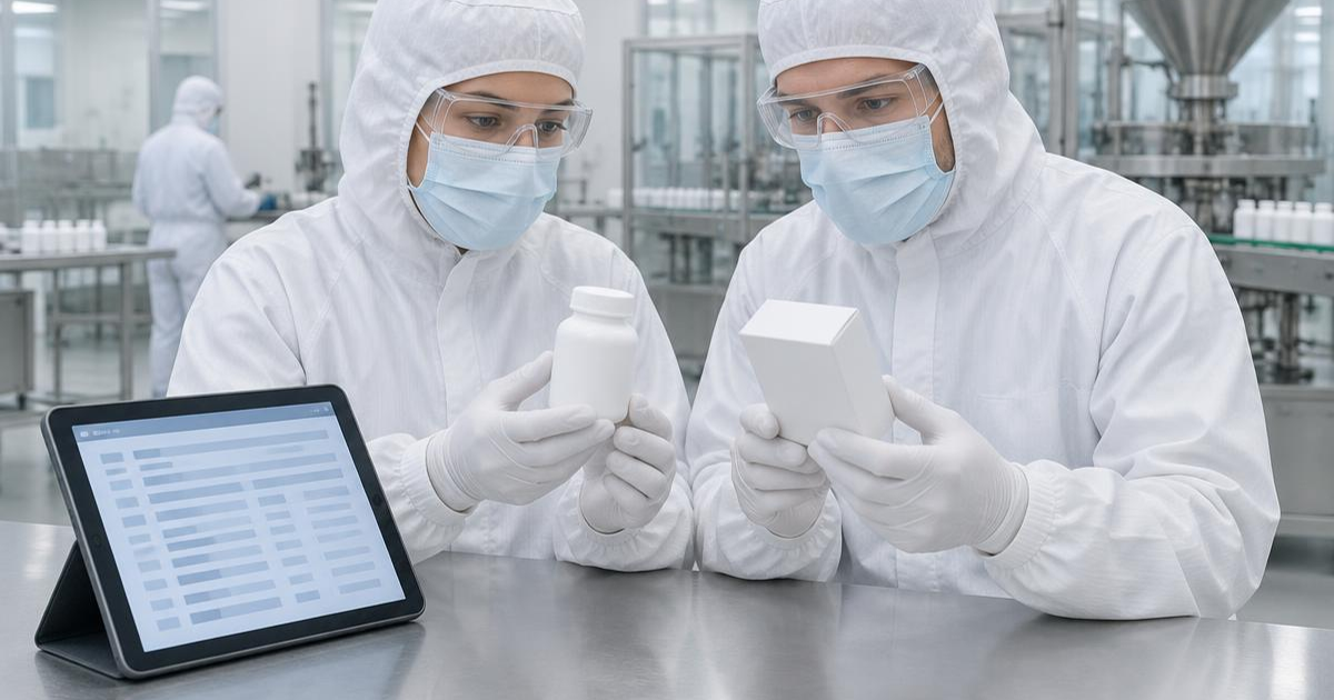 Protected quality specialists examining supplement packaging and a tablet