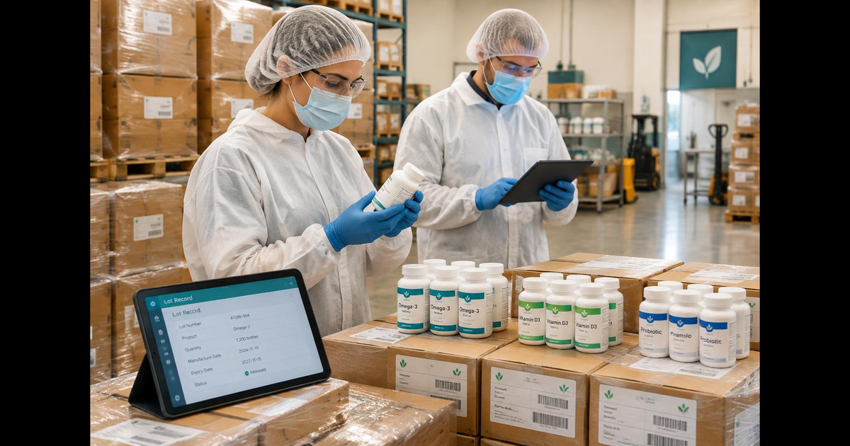 Protected supplement warehouse colleague checking held stock and returns records on a tablet