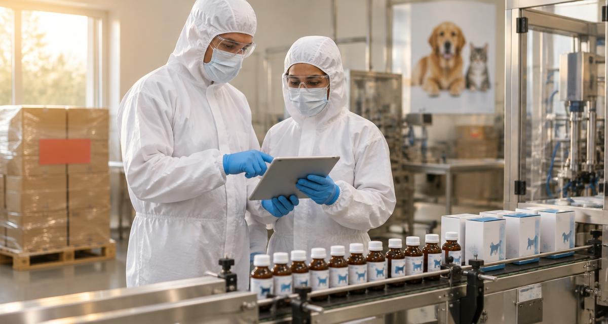 Veterinary drug manufacturing colleagues in protective clothing reviewing a lot record on a tablet beside labelled animal-medicine bottles