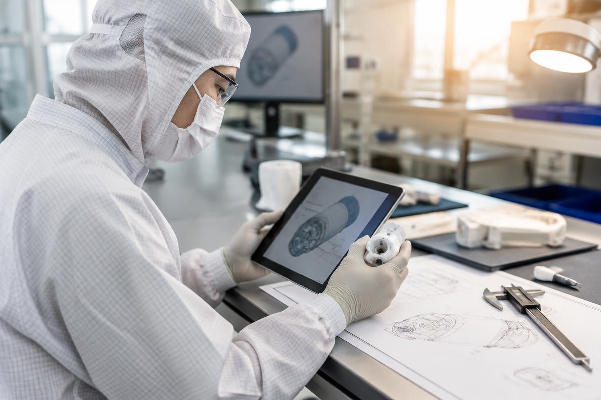 Protected engineer comparing a technical drawing on a tablet with a prototype device component