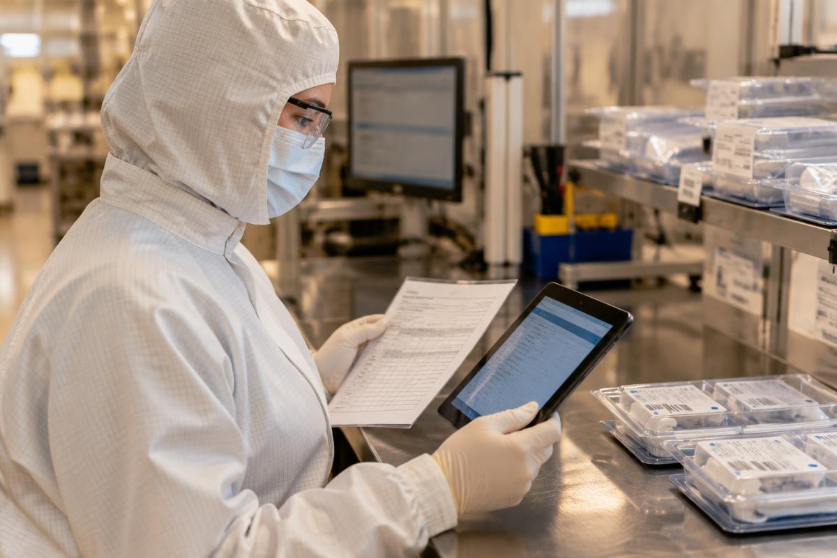 Protected quality reviewer comparing a paper traveler with an electronic record on a tablet