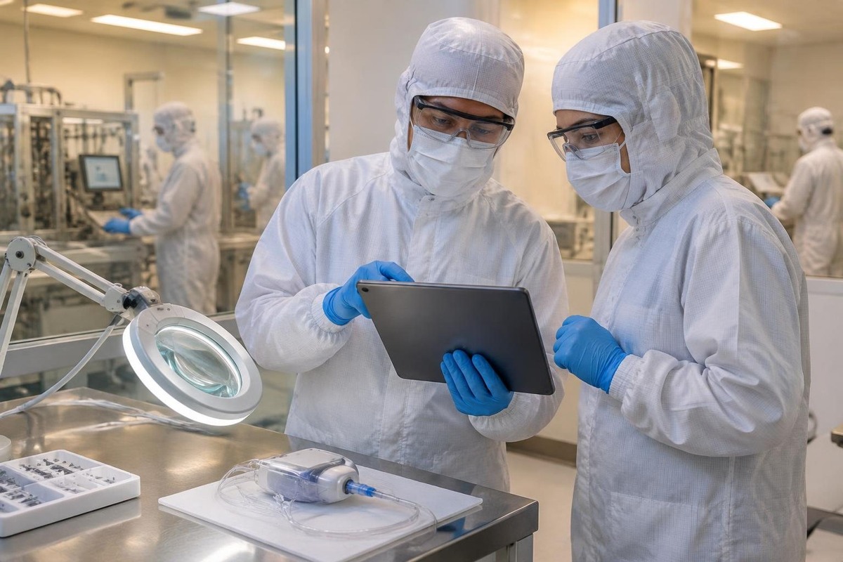 Two protected manufacturing colleagues reviewing operational evidence on a tablet beside an assembly bench