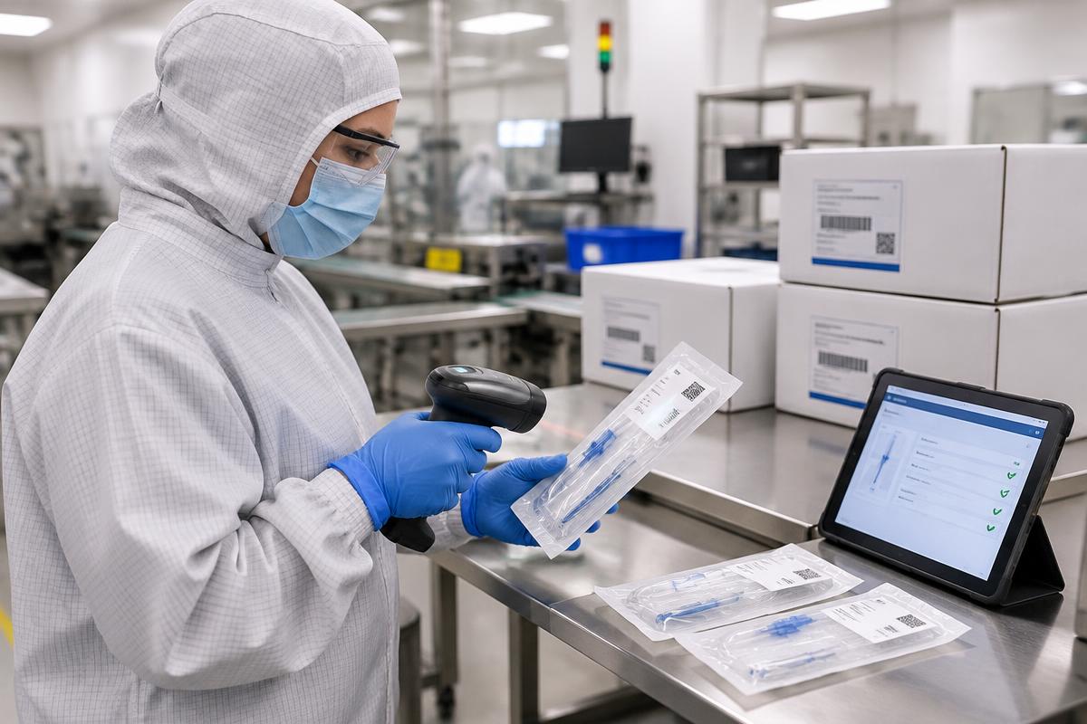 Protected medical-device operator examining a packaged device label beside a tablet and labeled cartons